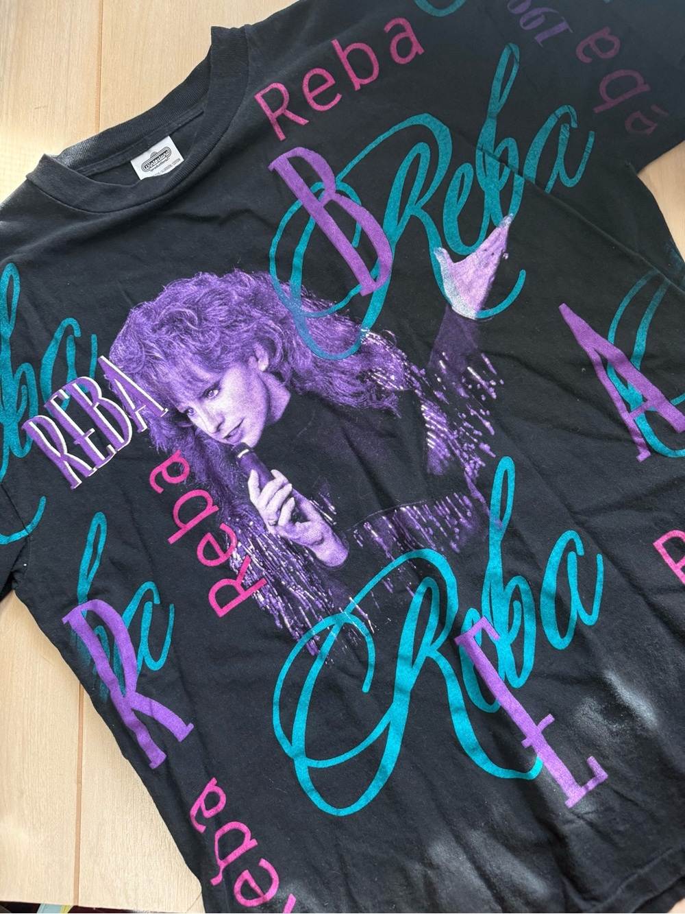 Reba Black Tee with Teal & Purple Allover Print Winterland Productions